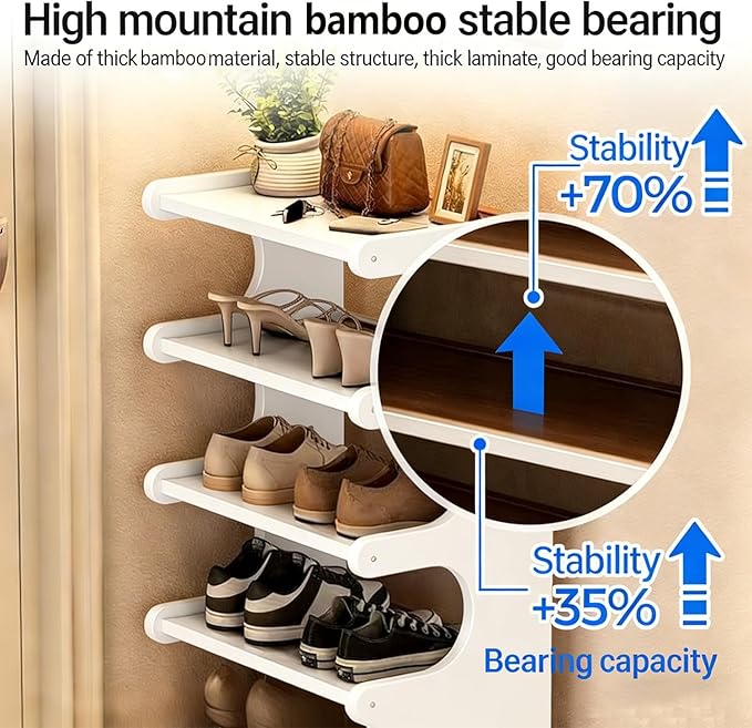 39" Bamboo Shoe Rack - Vertical Shoe Organizer Rack for Small Space, Narrow Shoe Tower for Closet, Entryway, Corner, Tall Shoe Shelf with Removable Shelves, Flexible Storage Shelf for Saving Space