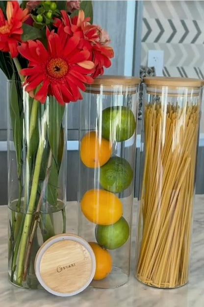 Cestari Pasta Storage Jars: Spaghetti Container Glass Pasta Jar with Bamboo Lid, Airtight Dry Food Storage Kitchen Canister for Snacks, Macaroni, Rotini, Noodles, Candy, and More; 1100 ml, 11.5 inches