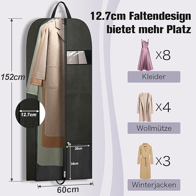 Dress Bags for Gowns 60", Long Garment Bags for Hanging Clothes Travel with Pockets and Zipper, Gusseted Garment Bag for Dress, Shows Dance Costume, Tuxedos, Clothes Protector Suit Cover Bags Black