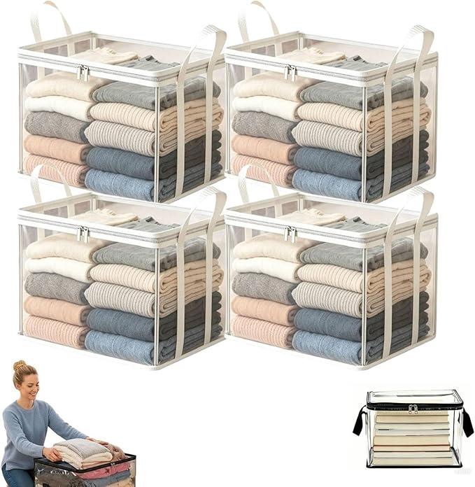 Large Heavy-Duty Thick Plastic Clear Storage Bag for Clothes, Moving & Storage, 2026 Upgraded with Reinforced Handles & Zipper, Stackable Foldable Bins Totes Bags (White, 4Pcs)