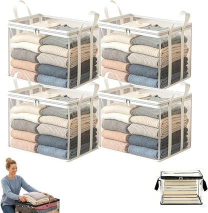 Large Heavy-Duty Thick Plastic Clear Storage Bag for Clothes, Moving & Storage, 2026 Upgraded with Reinforced Handles & Zipper, Stackable Foldable Bins Totes Bags (White, 4Pcs)