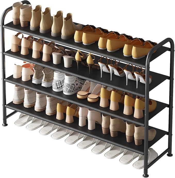 INGIORDAR Shoe Rack 4 Tier Long Storage Organizer Wide Metal Shoe Shelf for Closet Entryway Black