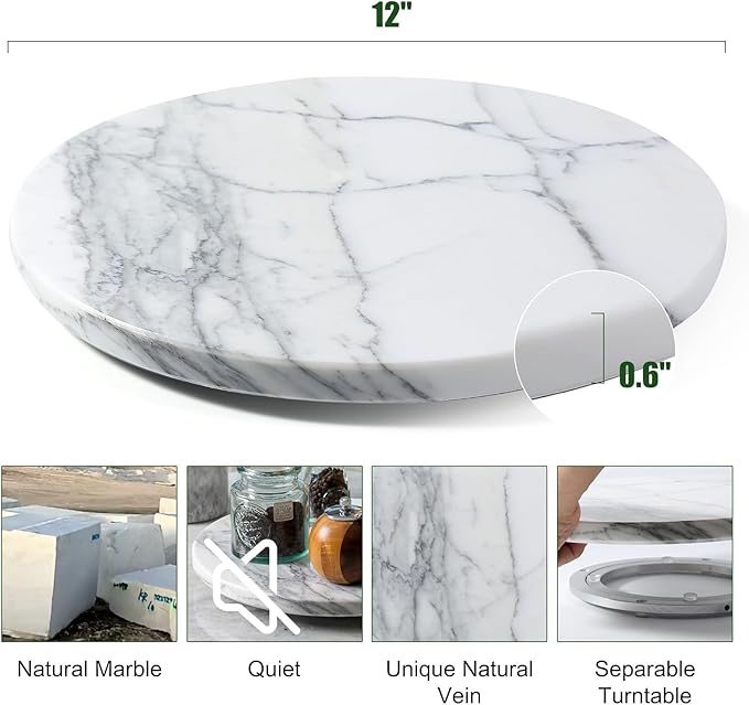 Marble Lazy Susan, 12” Lazy Susan for Table Top Detachable Turntable Organizer for Cabinet Pantry Kitchen Countertop Fridge Bathroom Makeup Vanity Countertop, Arabescato