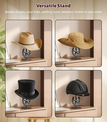 Hat Stand, Cowboy Hat Display, Western Table Decor, Metal Horseshoe Hat Stand, Cowboy Hat Holder, Cowboys Gifts for Men, Desk Hat Rack for Fedora, Sun Hat, Straw Hat, Helmet, 2 Packs, Gunmetal Grey