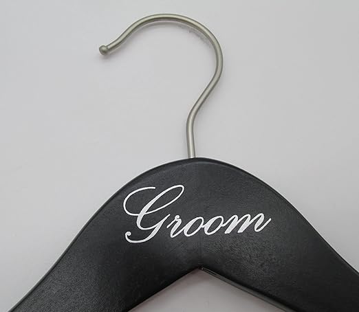 NAHANCO 17" Wooden Hangers, Bride and Groom Set, Black with Silver Imprint (2 Piece Set)