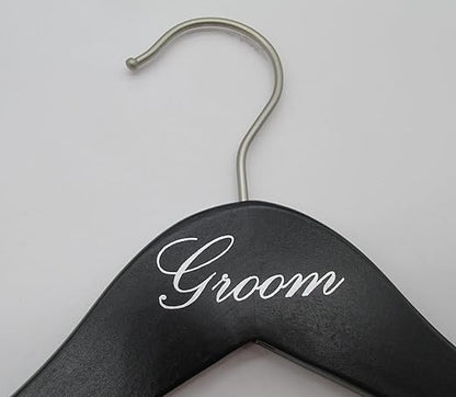 NAHANCO 17" Wooden Hangers, Bride and Groom Set, Black with Silver Imprint (2 Piece Set)