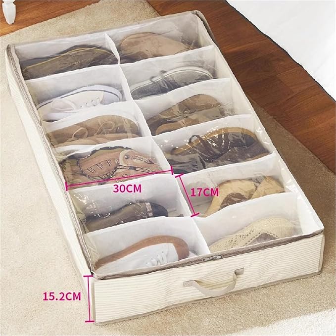 Fabric Shoe Storage Bins 12 Pairs Shoe Organizer Under Bed Sturdy Underbed Shoe Storage Boxes Bins Organizador Storage Household Shoe Bag (Beige)