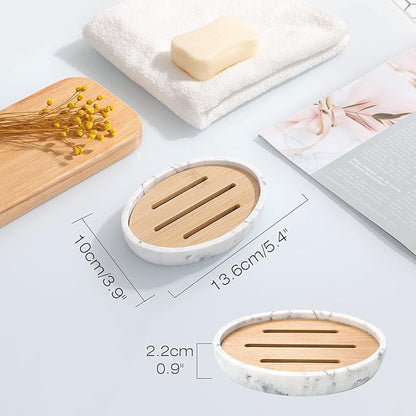 Luxspire Bamboo Soap Dish, Resin Soap Holder with Drainage, Oval Wooden Soap Dish for Shower, Bathroom, Sink, Kitchen and Countertop, Gravel White