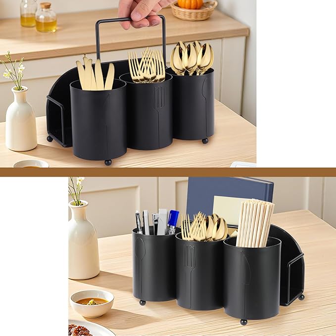 NelyBet Utensil Caddy Silverware Holder Fork Spoon Napkin Paper Plate Organizer Metal Utensil Holder Cutlery Flatware Organizers for Party Kitchen Countertop Camping Picnic - Black
