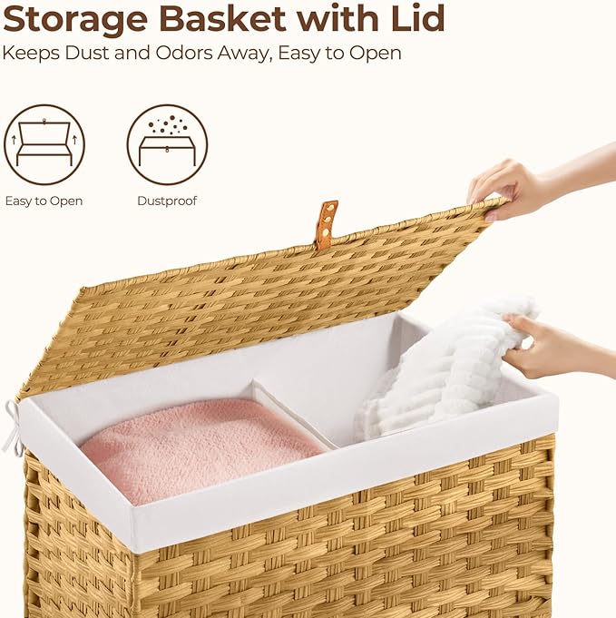 GREENSTELL Storage Basket with Lid, 27.7 Gallon(105L) Lagre Wicker Blanket Storage Basket with Handles, Foldable, 2 Removable Liner Bags, Metal Frame, for Bedroom, Laundry Room, Natural