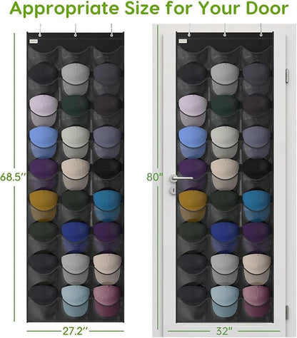Baseball Hat Rack, 27 Pocket Over-The-Door Hat Organizer with Clear Deep Pockets to Display Baseball Caps Collection, Complete with 3 Over Door Hooks (Black, 27 Pockets)
