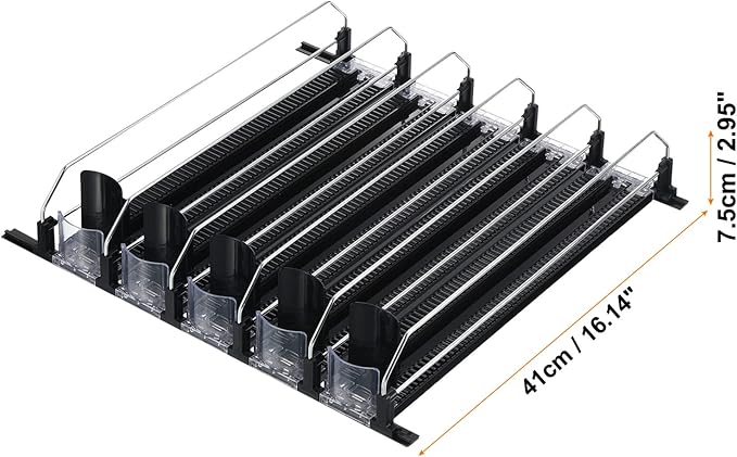 METALLIXITY Soda Can Organizer for Refrigerator (16" x 2.9") 5pcs, Self-Pushing Drink Organizer for Home Fridge, Width Adjustable Drink Dispenser Beverage Pusher for Pantry, Kitchen, Black