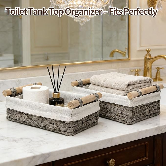 Storage Basket Wicker Baskets for Organizing, Storage Bins for Countertop & Toilet Paper, Toilet Tank Top Organizer (Set of 2, Grey)