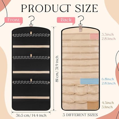3 Pack Hanging Jewelry Organizer Storage with 39 Pockets, 30 Necklace Hooks Double Sided Wall Mount Earring Holder Organizer Bracelet Necklace Jewelry Display Hanger for Closet Door (Black)