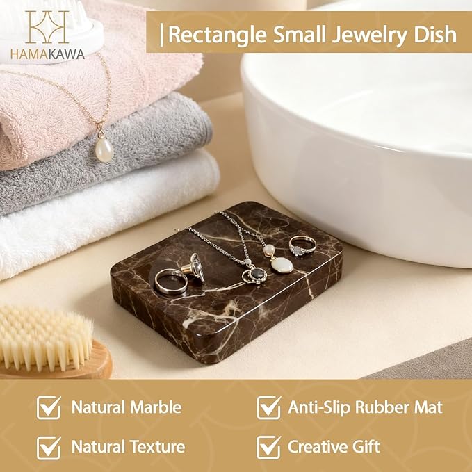 Natural Marble Soap Dish, Rectangle Emperador Dark Jewelry Dish, Dark Brown Style Shower Soap Holder, Modern Stone Sponge Holder, Bar Soap Saver Tray for Bathroom, Kitchen, Easy to Clean