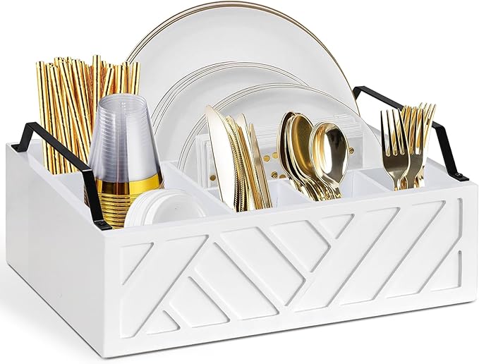 Ukonvi Paper Plate Dispenser and Holder for Kitchen Counter, Wood Rustic Silverware Utensil Caddy, Cutlery Flatware Organizer Box for Cups Spoons Forks Napkins, Kitchen Accessories