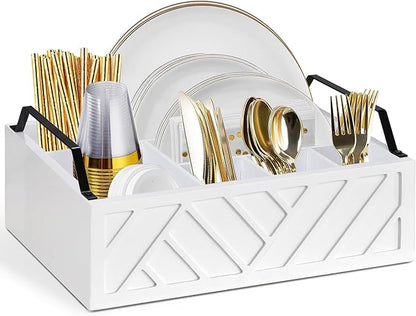 Ukonvi Paper Plate Dispenser and Holder for Kitchen Counter, Wood Rustic Silverware Utensil Caddy, Cutlery Flatware Organizer Box for Cups Spoons Forks Napkins, Kitchen Accessories