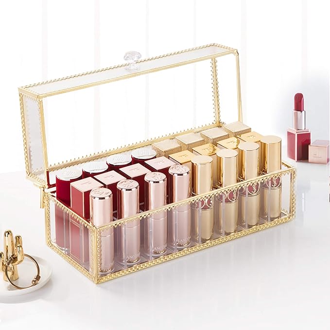 FSyueyun Glass Lipstick Organizer Holder with 24 Slot, Dust Free Vanity Lip Gloss Lipstick Eye Liner Makeup Display Cases Decoration for Dresser Countertop
