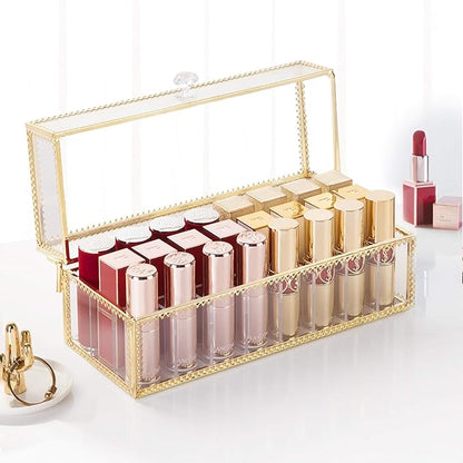 FSyueyun Glass Lipstick Organizer Holder with 24 Slot, Dust Free Vanity Lip Gloss Lipstick Eye Liner Makeup Display Cases Decoration for Dresser Countertop