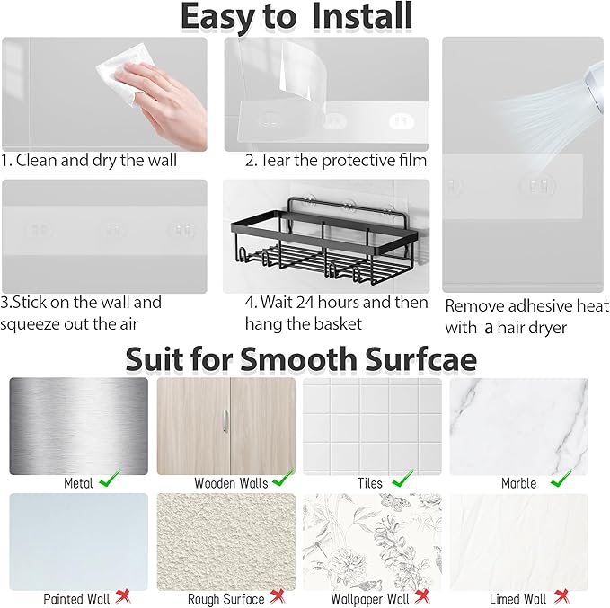 Liuoud 5 Pack Shower Caddy Organizer Rack Shelf for Inside Shower, Self Adhesive Bathroom Wall Storage Basket Rustproof Stainless Steel Large Capacity Shampoo Holder, Dark Grey