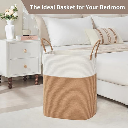 AINUOQI Laundry Basket with Handles - Blanket Basket & Hampers for Bedroom Aesthetic, Laundry Hamper & Blanket Storage for Living Room, Clothes Hamper, Tall, Large 17" x 14" x 22”, White & Jute