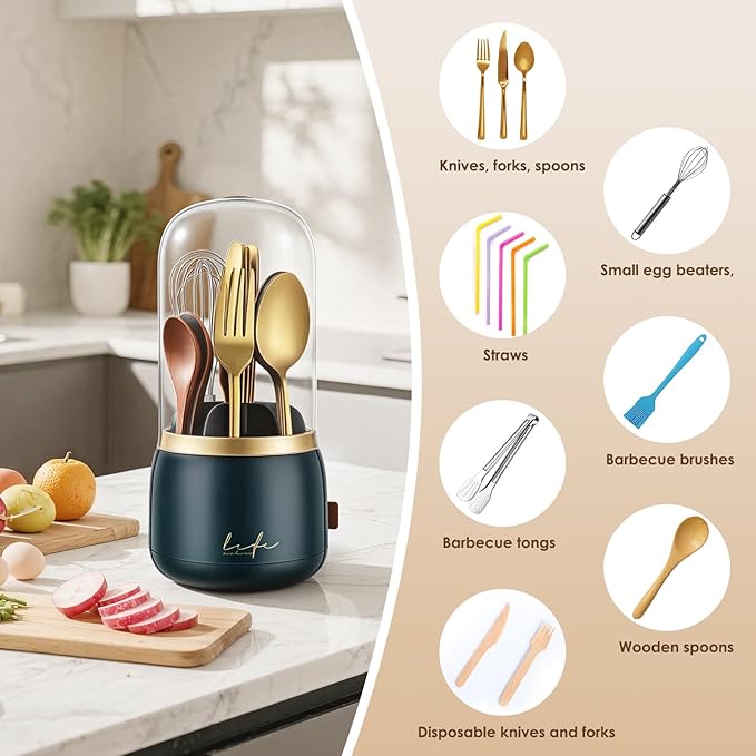 EXIN DECHEN 360 Rotation Silverware Organizer for Kitchen Counter, Utensil Holder Caddy with Cover, Spoon and Fork Organizer, 7 Slots and Intermediate Drainage Device