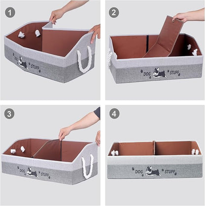 Large Dog Toy Basket with Handles, 28.5" Collapsible Multi-Purpose Hard Board Dog Toy box, Clothes, Cute for Living Room Area (Gray,Coffee)