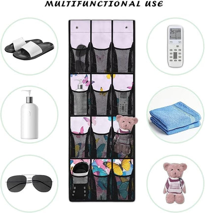 Butterfly Over the Door Shoe Organizer,Hanging Storage Bags with 12 Mesh Large Pockets,Behind Door Shoes Hang Holder Rack