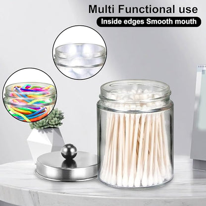 4 Pack Qtip Holder, Canister Apothecary Jar Set, Clear Plastic Apothecary Jar Containers, Bathroom Jars with Lids Set for Cotton Swabs, Balls, Pads, Floss Picks (Silver)