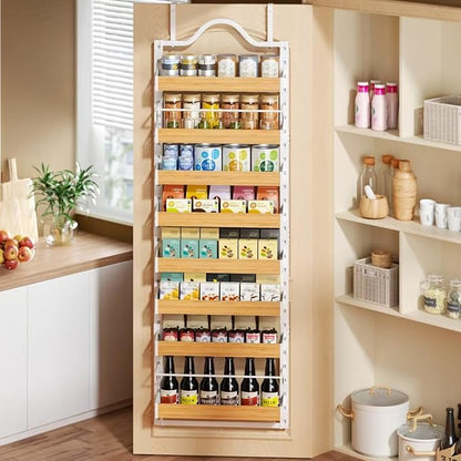 8-Tier Spice Rack Wall Mount, Heavy-Duty Over the Door Pantry Organizer with Wooden Adjustable Basket, 2 IN 1 Wall Mount or Hanging Pantry Door Organizer, Door Spice Rack for Home, White