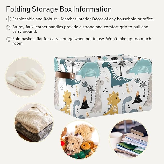 Dino Scandinavian Style Rectangle Storage Bin, 15 x 11 x 9.5 in, Collapsible Organizer Storage Basket for Home Décor