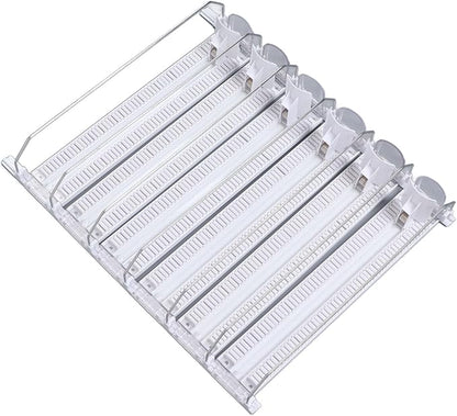 Soda Can Dispenser for Refrigerator, ABS 15in Large Capacity 6 Rows Adjustable Width Drink Dispenser for Fridge, Spring Loaded Easy Slide Self Pushing Drink Holder (White)