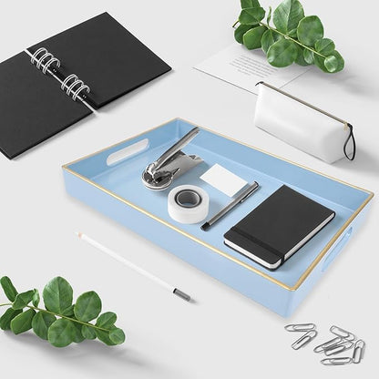 Spsyrine Blue Bathroom Vanity Tray with Handles for Dresser Tops, Countertop, Perfume Decorative Tray, 11.8” * 7.87” *1.37”