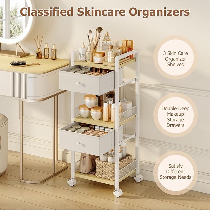Flycity Makeup Organizer Cart with Drawers, 5 Tier Rolling Makeup Cart, Floor Skincare Organizers, Vanity Organizer Storage with Wheels Cosmetic Display Cases for Skin Care Perfume Nail Polish, White