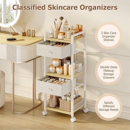 Flycity Makeup Organizer Cart with Drawers, 5 Tier Rolling Makeup Cart, Floor Skincare Organizers, Vanity Organizer Storage with Wheels Cosmetic Display Cases for Skin Care Perfume Nail Polish, White