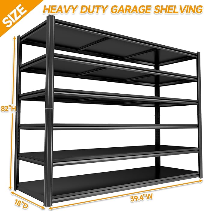 Heavy Duty Garage Shelving Unit, 6-Tier Adjustable Metal Storage Shelves, High-Capacity Storage Rack, 3000LBS Utility Shelf for Garage & Basement, Tool Organization, Warehouse, 82" H, Black