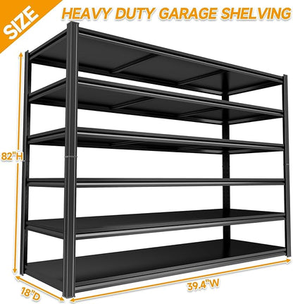 Heavy Duty Garage Shelving Unit, 6-Tier Adjustable Metal Storage Shelves, High-Capacity Storage Rack, 3000LBS Utility Shelf for Garage & Basement, Tool Organization, Warehouse, 82" H, Black