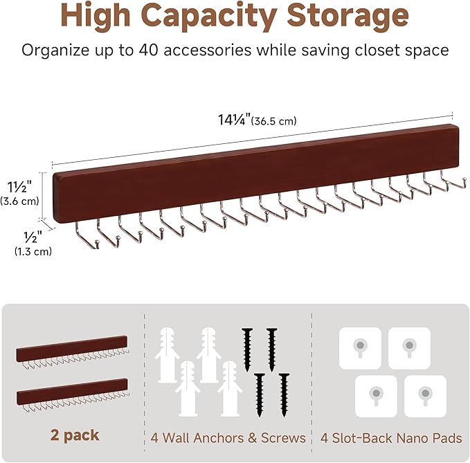 StorageWorks Tie Rack with 20 Hooks, 2-Pack Wall-Mounted Wooden Hangers for Neckties, Belts, Hats, Dark Cherry Color