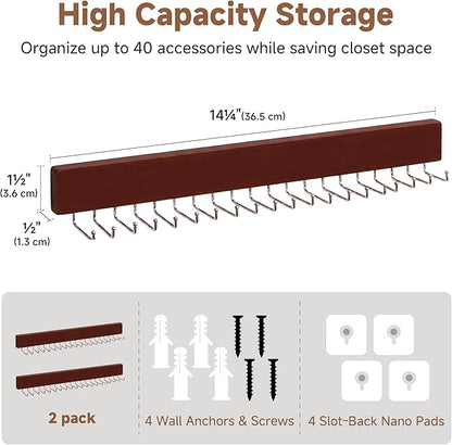 StorageWorks Tie Rack with 20 Hooks, 2-Pack Wall-Mounted Wooden Hangers for Neckties, Belts, Hats, Dark Cherry Color