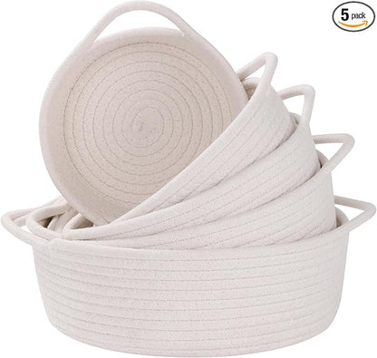 YMhoart Small Storage Woven Baskets Shelves Natural Cotton Rope Bins with Handle Toilet Tank Paper for Countertop Cute Gifts Organizing Mini Nursery 5 Set box (White)