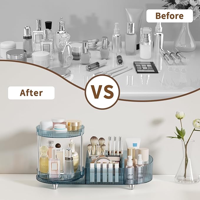 Rotating Makeup Organizer for Vanity, 2 Perfume Trays with 5 Compartments Cosmetic & Skincare Storage, Space-Saving Beauty Organizer, Multi-Purpose Countertop Organizers for Bathroom, Desktop, Pantry