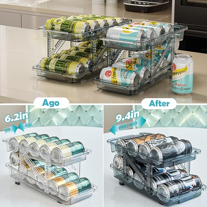 Soda Can Dispenser for Refrigerator, Adjustable Width Soda Can Organizer, 2-Layer Beverage Pop Can Holder, Drink Storage Organizer for Fridge, Pantry, Cabinet, Countertop (Clear-1 Pack)
