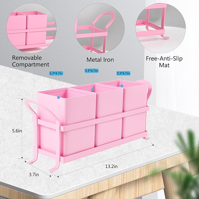 NelyBet Metal Silverware Caddy,3 Compartment Utensil Holder With Metal Rack,Utensil Caddy Flatware Cutlery Organizer for Countertop Party Picnic Camping Outdoor Pink