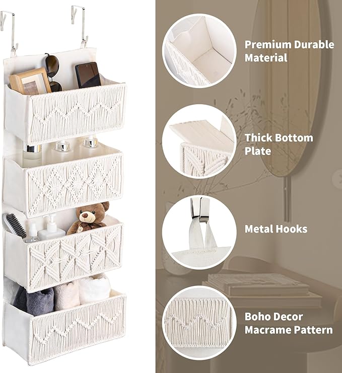 janebeauties Over the Door Organizer Macrame Boho Nursery Storage with 4 Large Woven Pockets, Hanging Basket for Bathroom, Nursery & Closet Doors, Behind the Door Storage Organizer, Cream White