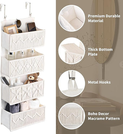 janebeauties Over the Door Organizer Macrame Boho Nursery Storage with 4 Large Woven Pockets, Hanging Basket for Bathroom, Nursery & Closet Doors, Behind the Door Storage Organizer, Cream White