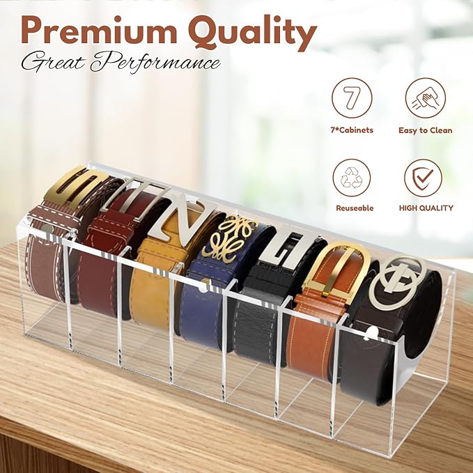 Acrylic Belt Organizer with 7 Compartments – Clear Belt Container Display Holder for Closet or Drawer, Ideal Storage Box for Belts, Ties, and Accessories for Men and Women, Home Use