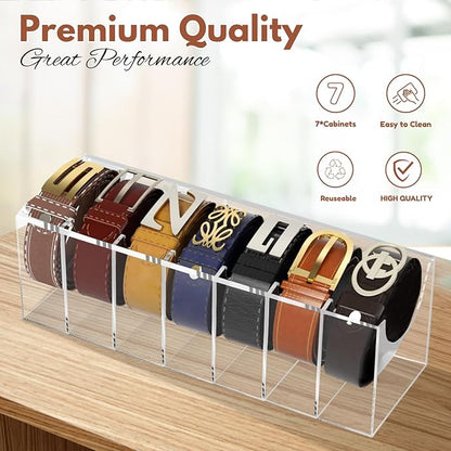 Acrylic Belt Organizer with 7 Compartments – Clear Belt Container Display Holder for Closet or Drawer, Ideal Storage Box for Belts, Ties, and Accessories for Men and Women, Home Use