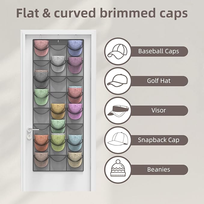 Grey Hat Organizer Racks for Baseball Caps, 24 Deeper Pockets Baseball Hat Rack, Cap Rack, Hat Rack for Door with 3 Hooks