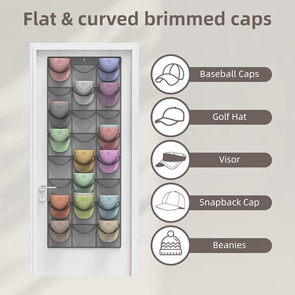 Grey Hat Organizer Racks for Baseball Caps, 24 Deeper Pockets Baseball Hat Rack, Cap Rack, Hat Rack for Door with 3 Hooks
