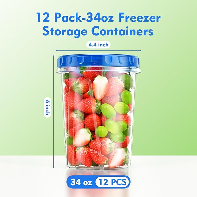 BiuLeon 12 Pack-34oz Freezer Storage Containers, Plastic Food Storage Containers with Twist Top Lids, BPA Free and Reusable Soup Containers with Lids, Leakproof/Microwave/Dishwasher Safe